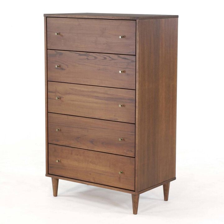 Hivvago Farmhouse Rustic Walnut Mid Century 5 Drawer Chest