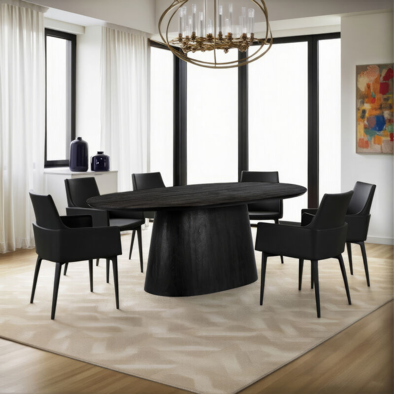 Jano Dining Table, 79 Inch Oblong Top with Tapered Pedestal Base, Sandblasted Black Mango Wood