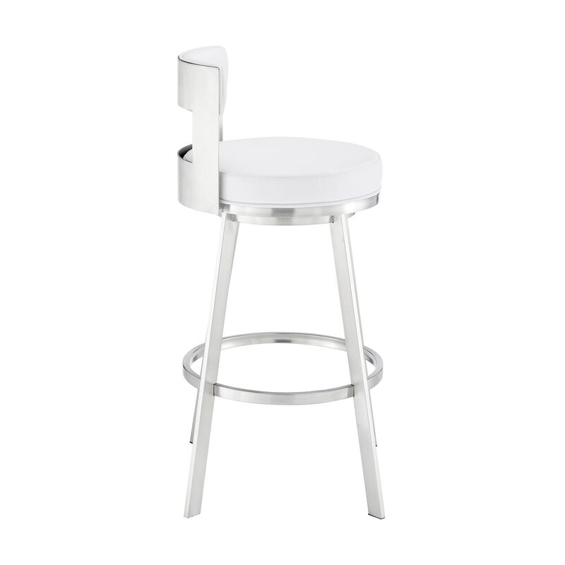 Nova 30 Inch Swivel Barstool, Panel Back, Steel Frame, White Faux Leather-Benzara