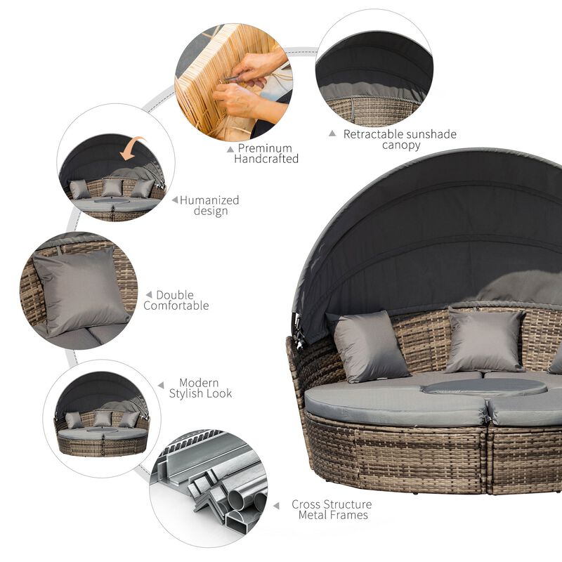 Adjustable Patio Haven: 4PC Rattan Set with Canopy Daybed & Sectional
