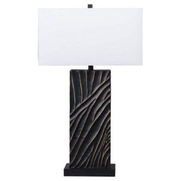 Len Table Lamp, White Rectangular Shade, Unique Lined Design Black Pedestal - Benzara