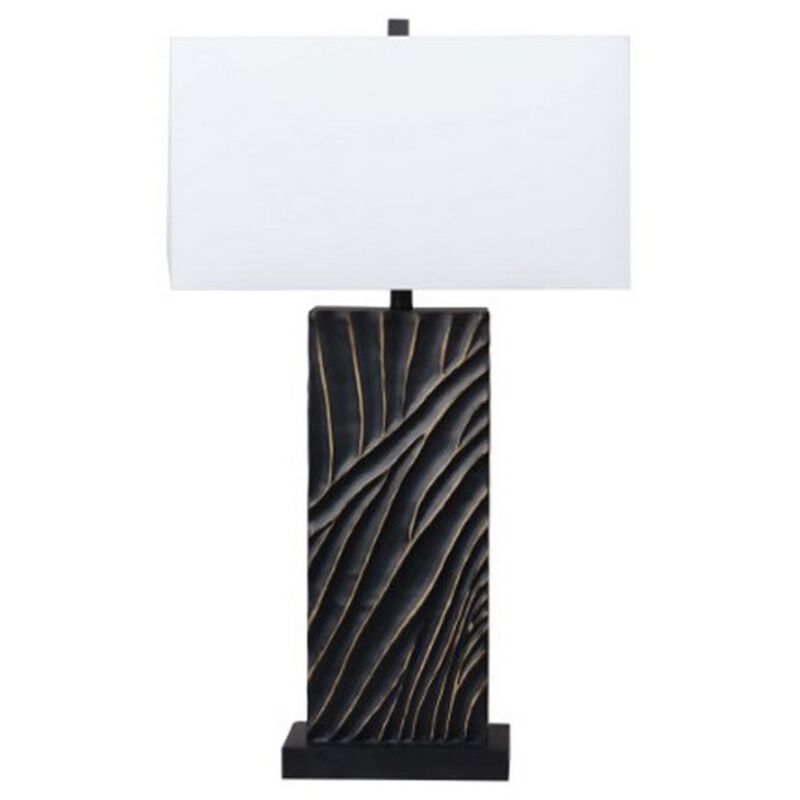 Len Table Lamp, White Rectangular Shade, Unique Lined Design Black Pedestal - Benzara