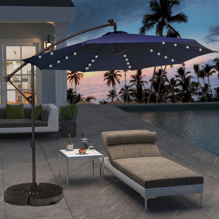 Mondawe 11ft Solar Lights Offset Patio Umbrella 360° Rotate LED Lighted Offset Hanging Patio Outdoor Market Umbrella with Easy Tilt and Crank Cantilever Umbrella