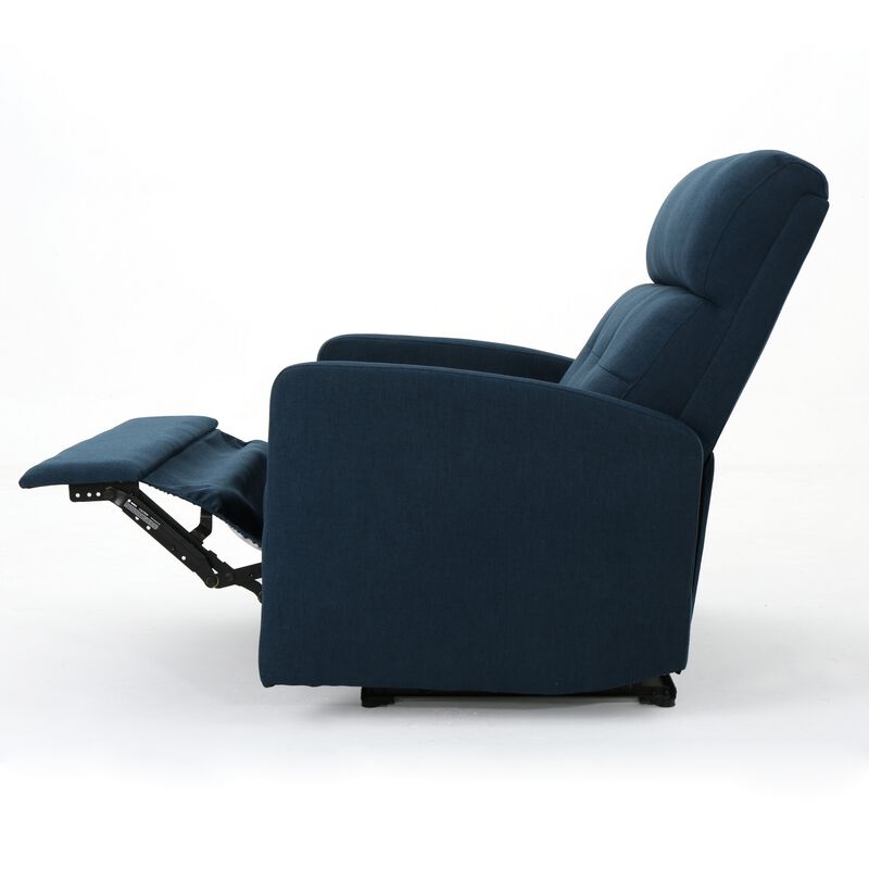 Power Recliner Chair, Oversize Wide Seat, Tufted Navy Blue Fabric - Benzara