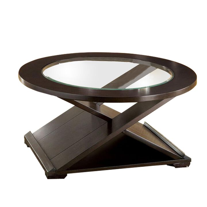 3 Piece Round Glass Coffee Table and End Table with X Shaped Base, Brown-Benzara