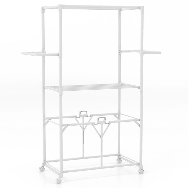 Foldable Aluminum Laundry Rack with Hanging Rods and Drying Shelves for Space-Saving Clothes Drying