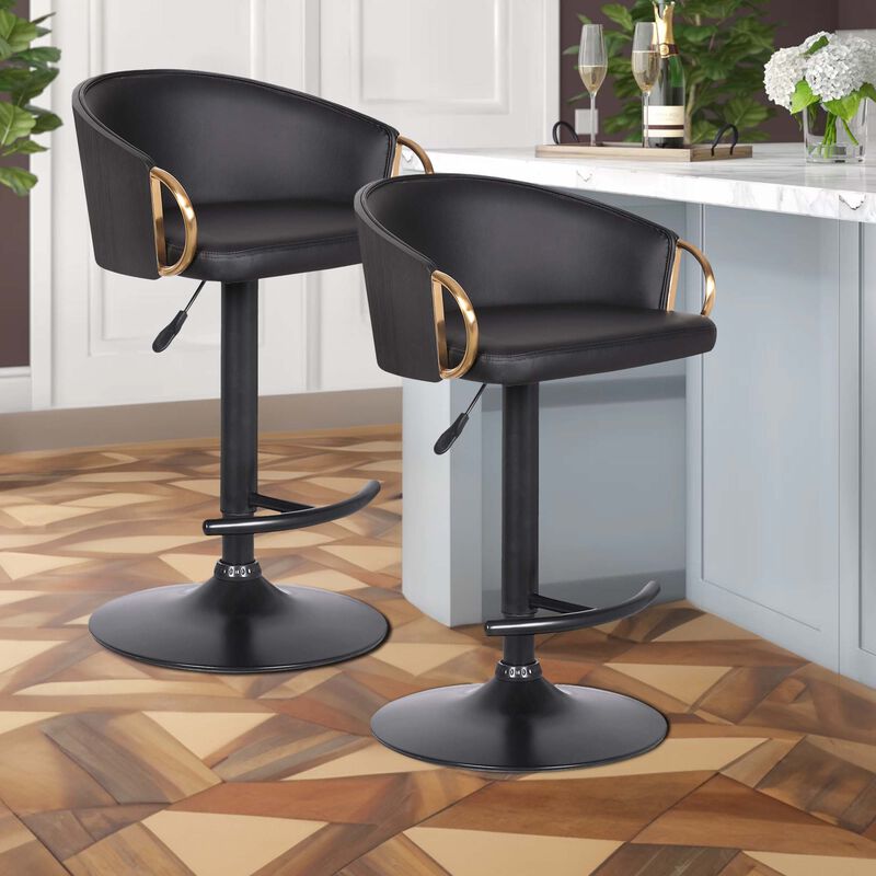 Adjustable Leatherette Swivel Barstool with Arched Seat, Black and Gold-Benzara