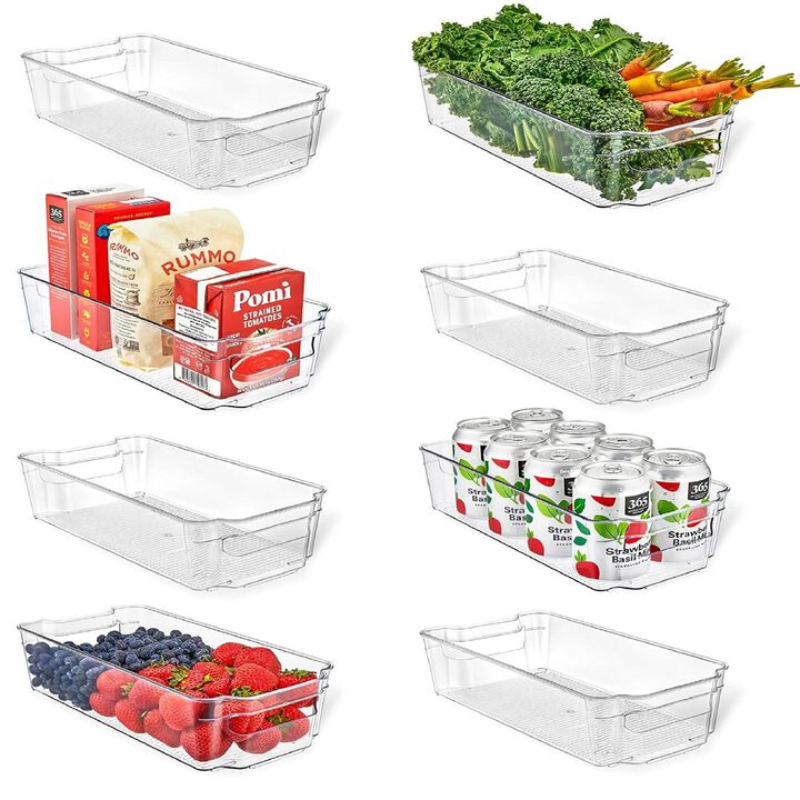 Multi-Purpose Refrigerator Bins - 8 Pieces Usable And Stackable Design Fridge Bin Organizer With Easy Grip Handles - Clear