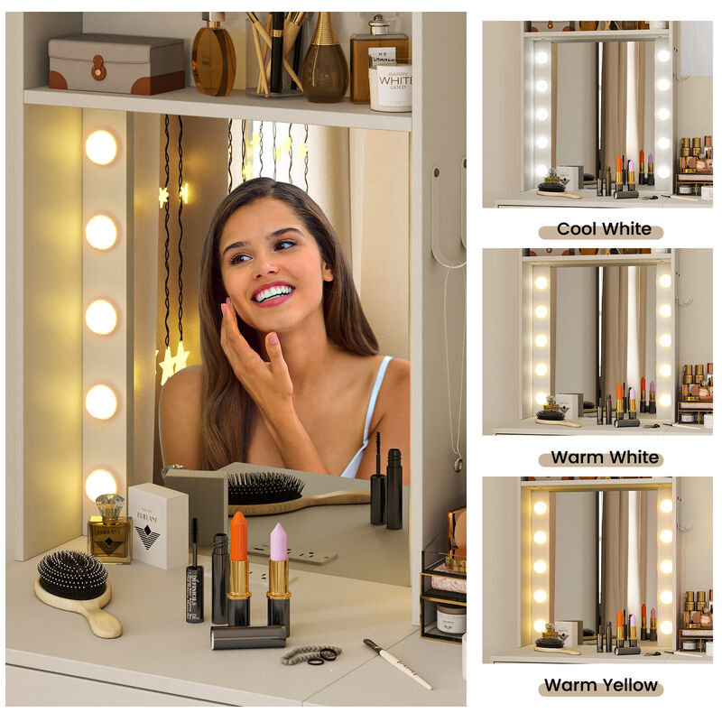 Compact Vanity Desk Set with 3-Color Lighted Mirror and Power Outlets