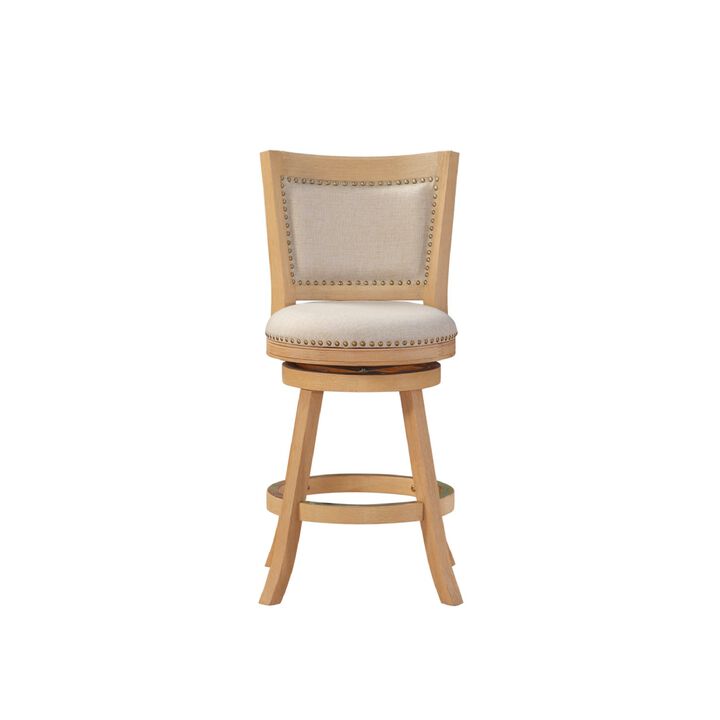 Kia 24 Inch Solid Wood Swivel Counter Stool, Curved Panel Back, Brass Nailheads, Ivory - Benzara