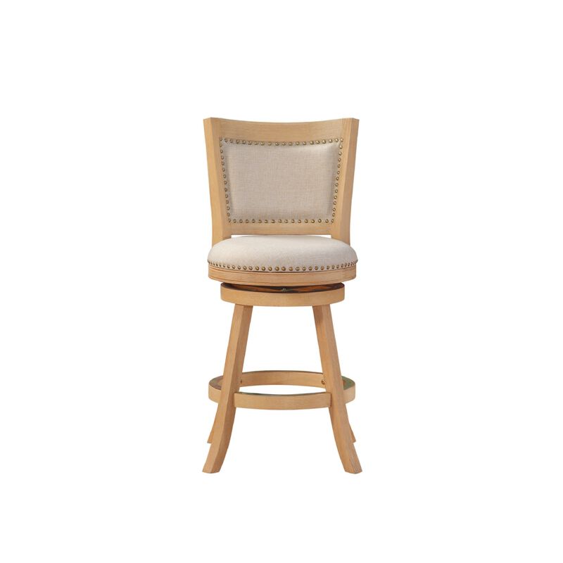 Kia 24 Inch Solid Wood Swivel Counter Stool, Curved Panel Back, Brass Nailheads, Ivory - Benzara