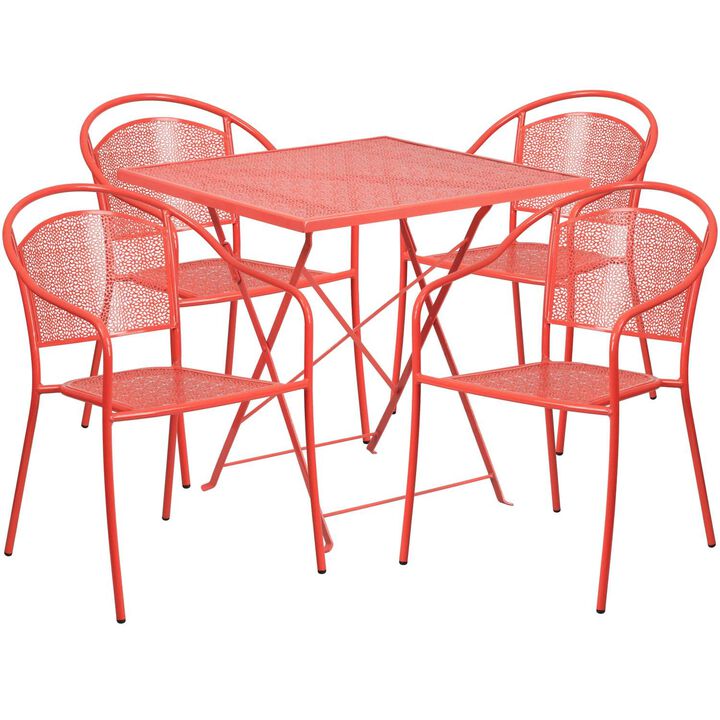 Flash Furniture Oia Commercial Grade 28" Square Coral Indoor-Outdoor Steel Folding Patio Table Set with 4 Round Back Chairs