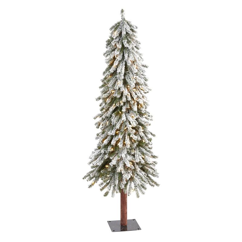 Nearly Natural 5-ft Flocked Grand Alpine Artificial Christmas Tree with 200 Clear Lights and 469 Bendable Branches on Natural Trunk