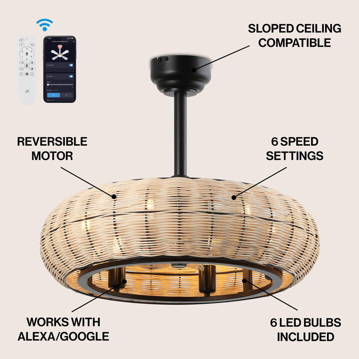 Cassidy 6-Light Modern Bohemian 6-Speed Metal Rattan Mobile-App Remote-Controlled Height-Adjustable Lantern LED Ceiling Fan
