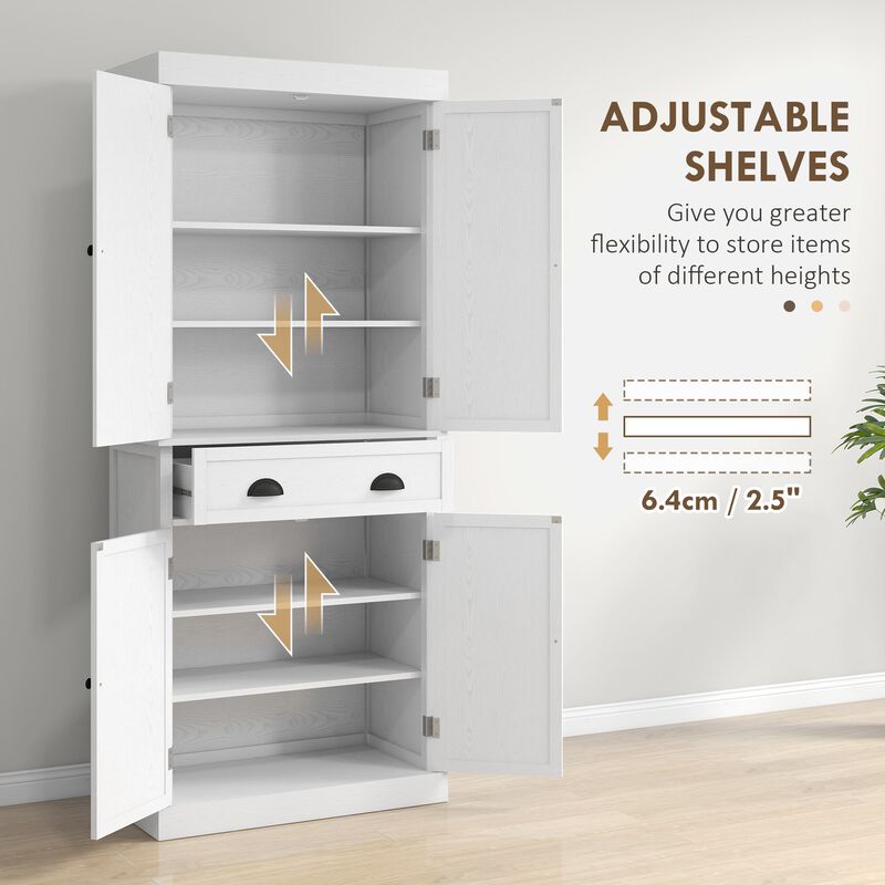 72" White Freestanding Kitchen Pantry: Spacious Storage, Shelves