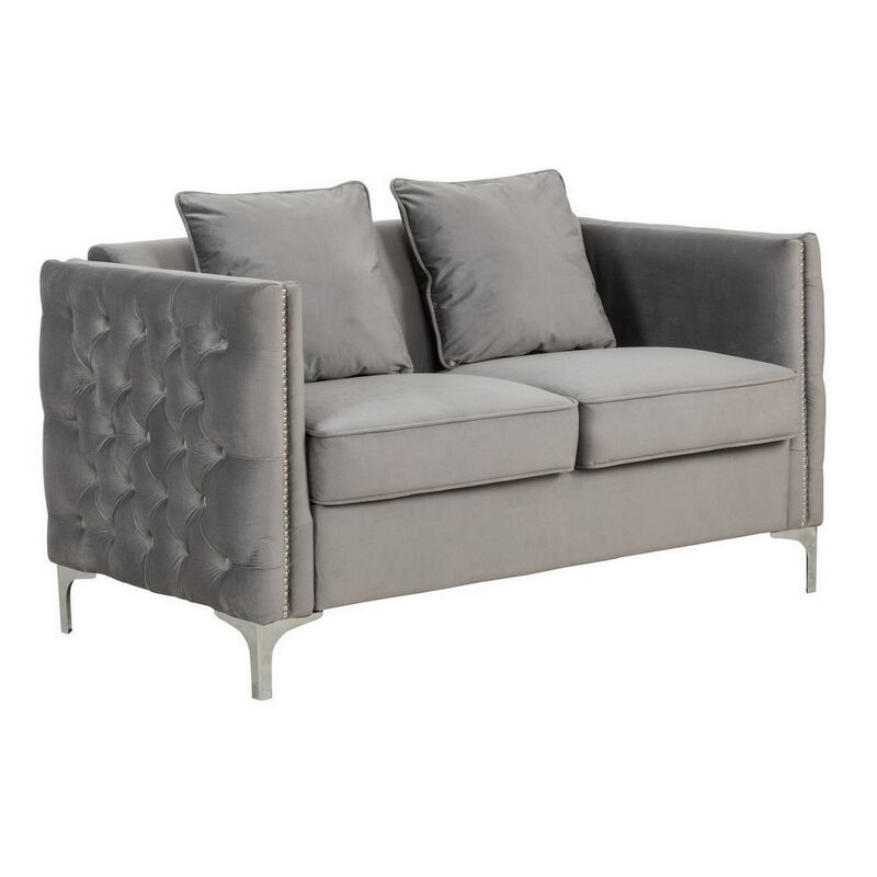 Zion 53 Inch Accent Loveseat, Handmade Nailhead Trim, Tufted, Gray Velvet-Benzara