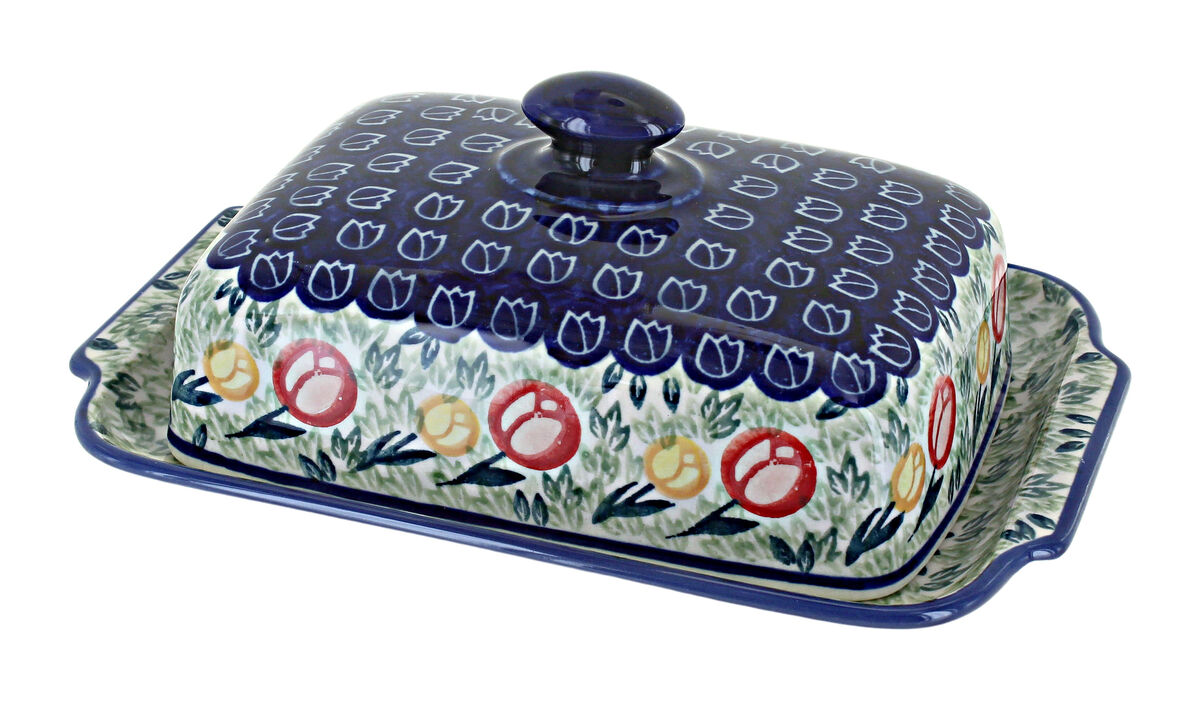 Blue Rose Polish Pottery Blue Butterfly Large Butter Dish