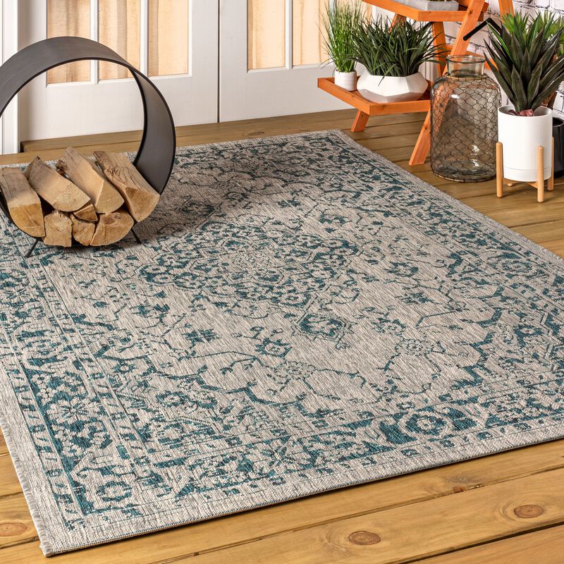 Rozetta Boho Medallion Textured Weave Gray/Black. Indoor/Outdoor Runner Rug