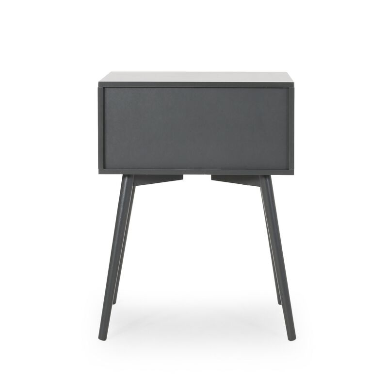 Cale Side Table, 2 Drawer 18 Inch Rectangular, Grooved Gray Rubberwood - Benzara