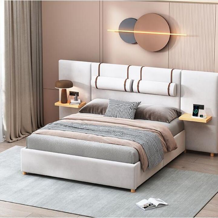 Upholstered Bed Frame with Dual USB Ports Outlets Storage Shelves and Pillows