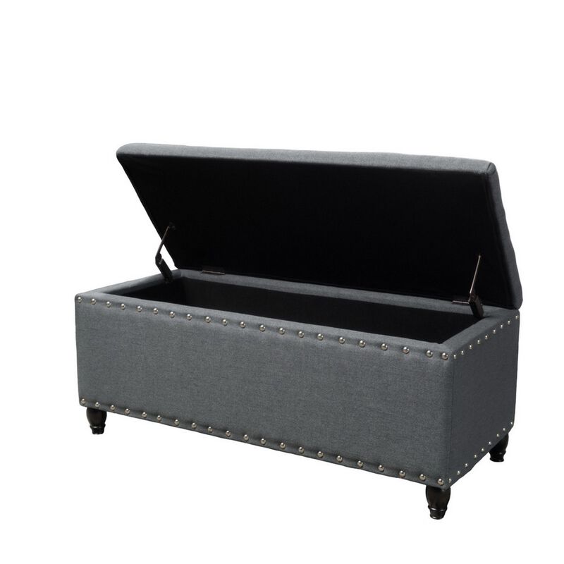 Sharon Storage Ottoman Bench, Dark Gray Fabric, Nailhead Trim, 42 Inch -Benzara