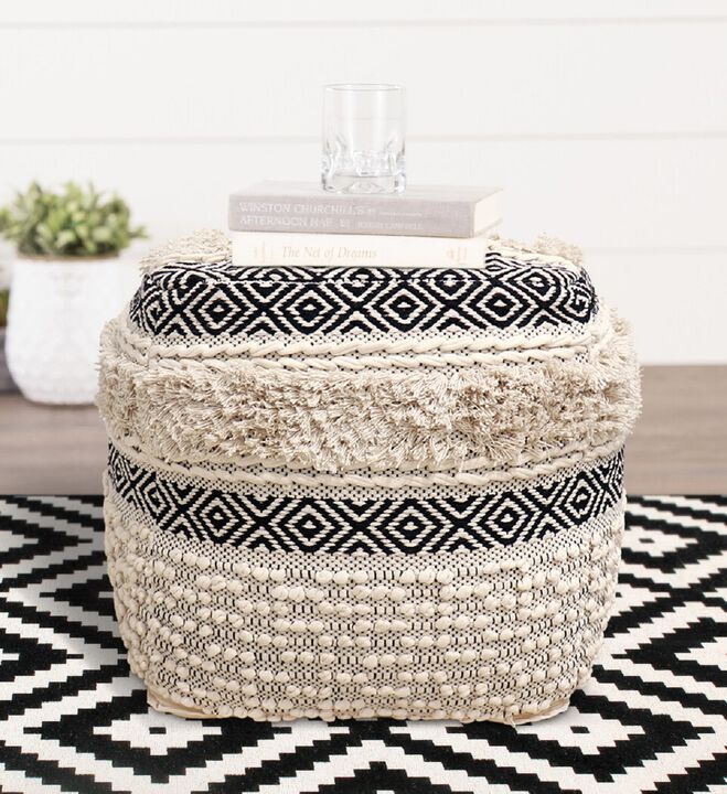Pasargad Home Grandcanyon Hand Woven 100% Cotton Pouf, Ivory/Black