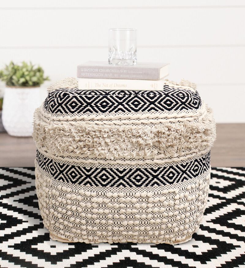 Pasargad Home Grandcanyon Hand Woven 100% Cotton Pouf, Ivory/Black