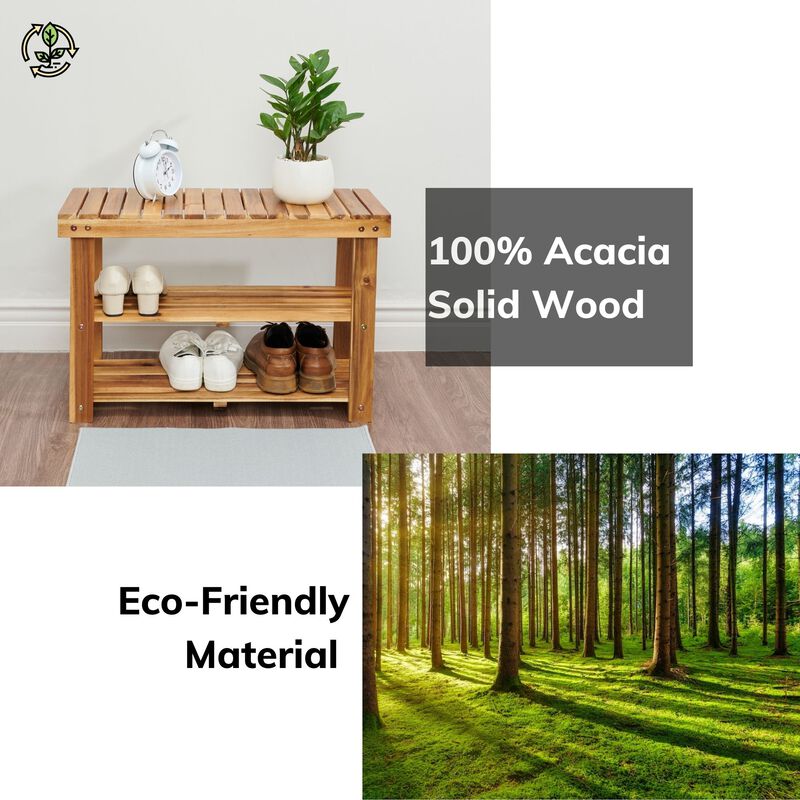 Acacia Wood Shoe Rack Bench Strong Weight Bearing Upto 200 LBS Best Ideas For Entryway Frontdoor Bathroom, Natural Color