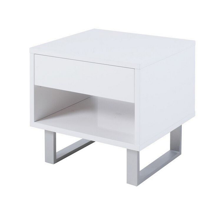 Contemporary Storage End Table With Metallic Base, Glossy White-Benzara