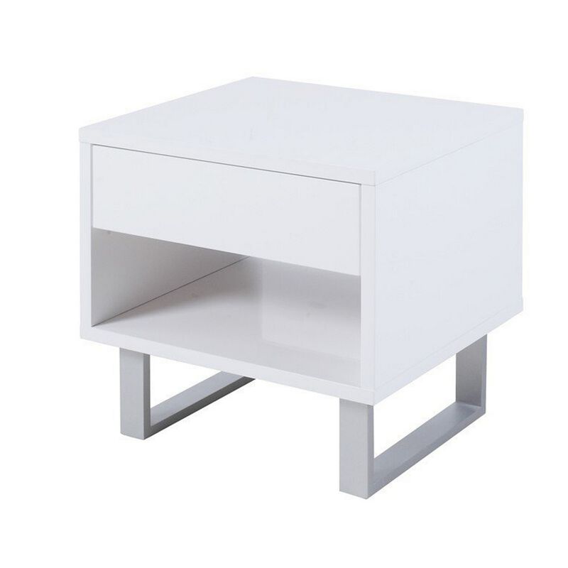 Contemporary Storage End Table With Metallic Base, Glossy White-Benzara