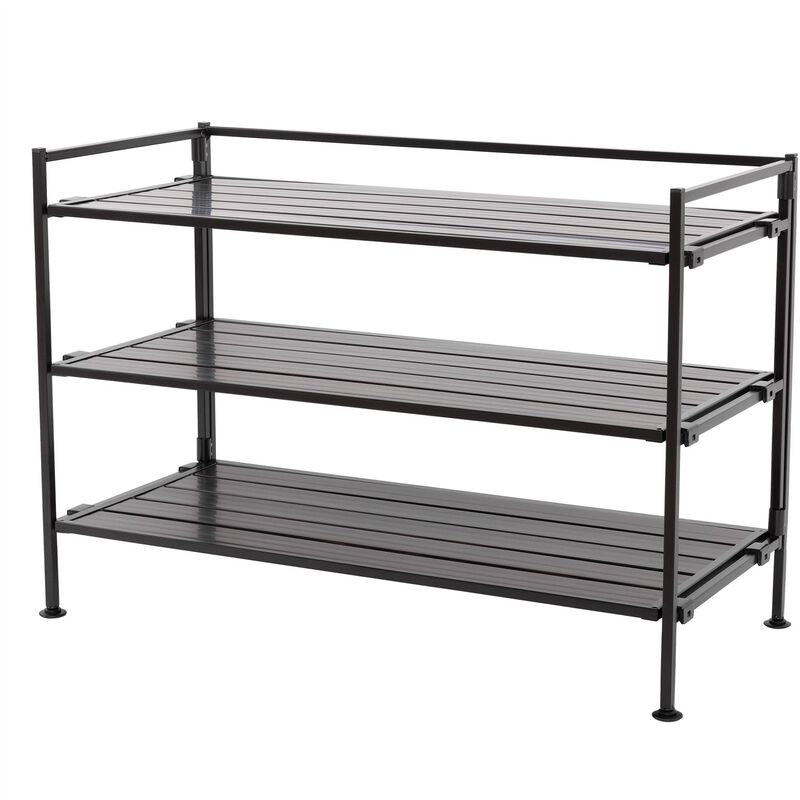 Hivvago 3 Tier Metal Espresso Brown Woodgrain Resin Foldable Stackable Shoe Rack