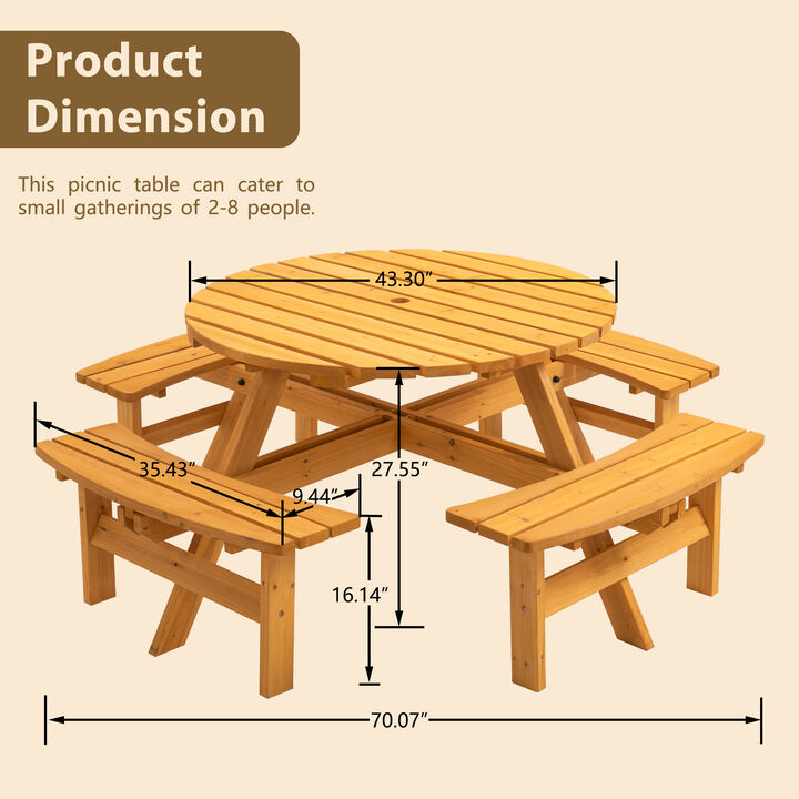 8-Person Outdoor Circular Picnic Table Patio Dining Set with 4 Built-in Benches for Backyard & Garden