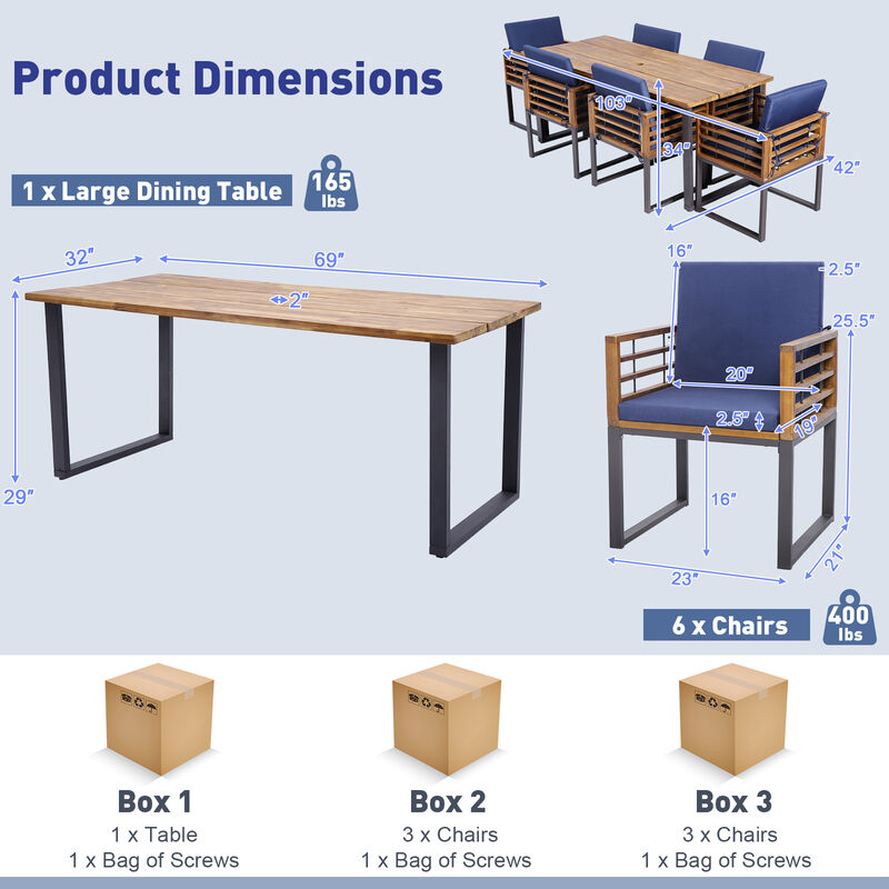 7 Pieces Patio Acacia Wood Dining Chair and Table Set for Backyard and Poolside-Navy