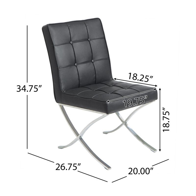Dinner Chair Set of 2, X Chrome Legs, Button Tufted Black Leather - Benzara