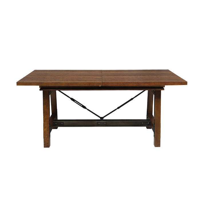 Wooden Dining Table with Extendable Leaf and Block Legs, Brown - Benzara