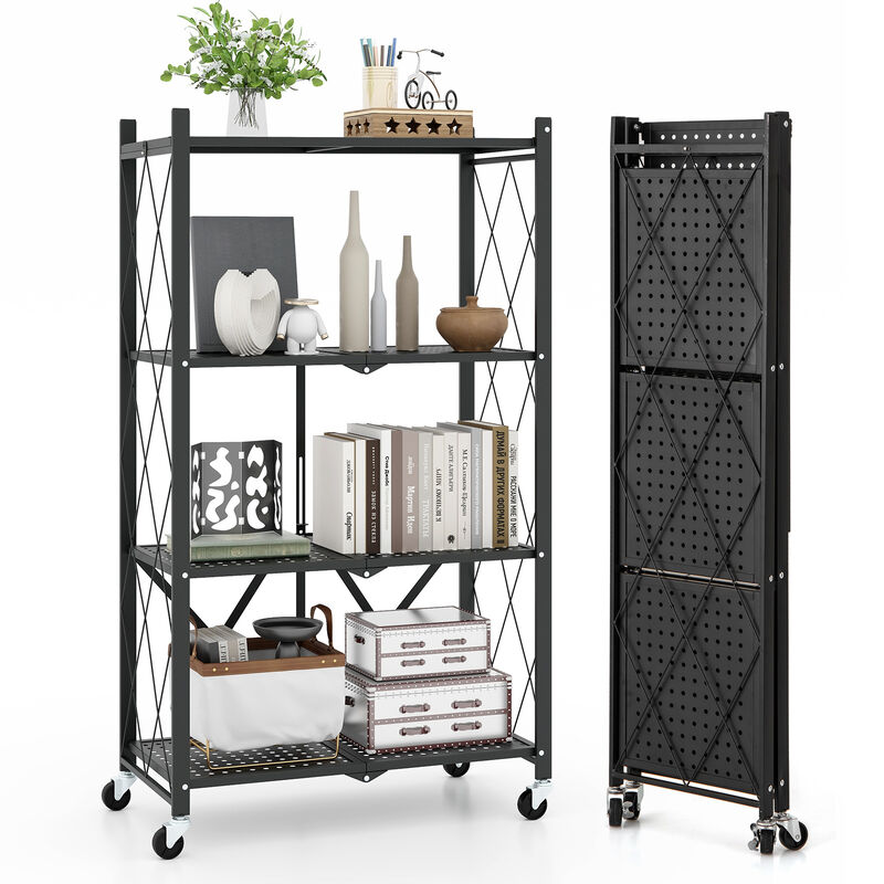 4-Tier Foldable Storage Shelf Collapsible Storage Rack with Lockable Wheels