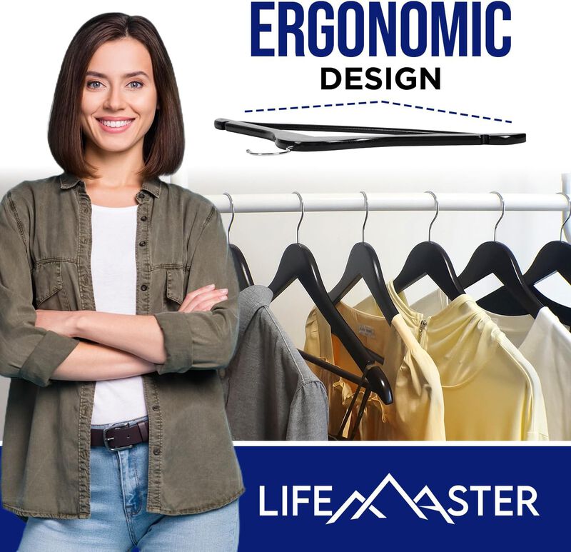Lifemaster Wooden Clothes Hangers – With 360 Degree Swivel Hook and Non-Slip Shoulder Notch, Holds Up To 10 lbs, Pants Bar Design, For Organizing Suit, Dress, Coat, and Clothes, Pack of 50, Brown