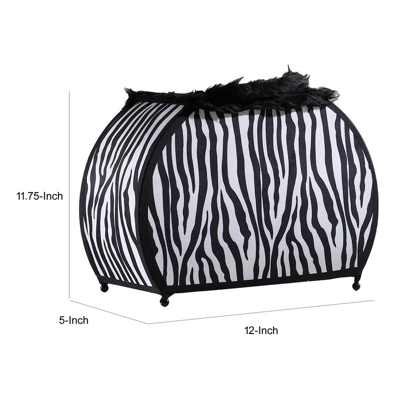 Wigi 12 Inch Accent Lamp, Purse, Zebra Animal Print, Black White Faux Fur - Benzara