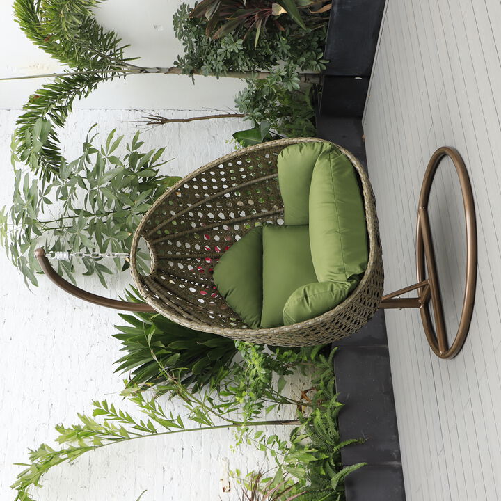 LeisureMod Beige Wicker Rattan Hanging Egg Swing Chair with Stand & Cushion, Perfect for Indoor and Outdoor Relaxation