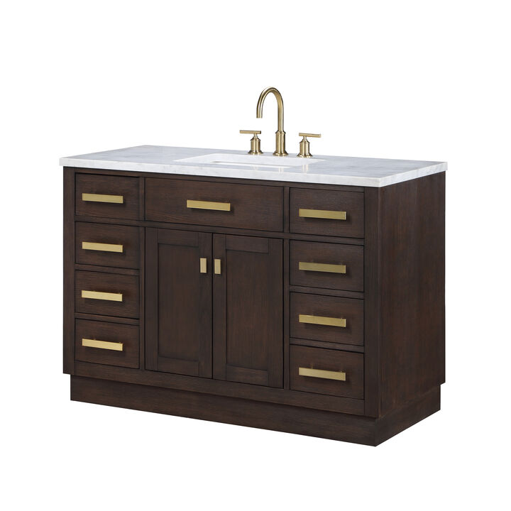 Chestnut 48 In. Single Sink Carrara White Marble Countertop Bath Vanity In Brown Oak with Satin Gold Hardware