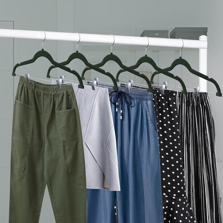 Velvet Skirt Hangers – with Adjustable Clips, 360 Degree Swivel Hook, and Non-Slip Shoulder Notch, Holds Up to 10 lbs, for Organizing Skirt, Pants, Dress, and Clothes, Pack of 50, Green