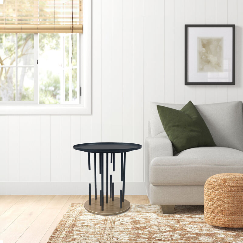 Neci 20 Inch Side End Table, Round Matte Black Tray Top, Modern Rod Supports with Brass Base - Benzara
