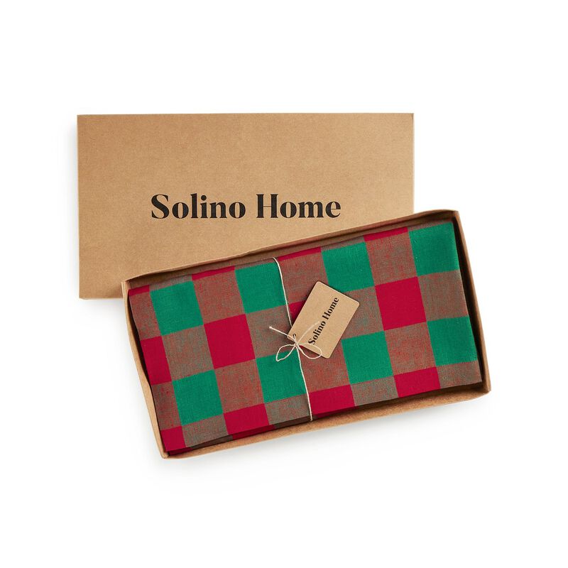 Solino Home 100% Pure Linen Table Throw 52 x 52 Inch | Buffalo Check