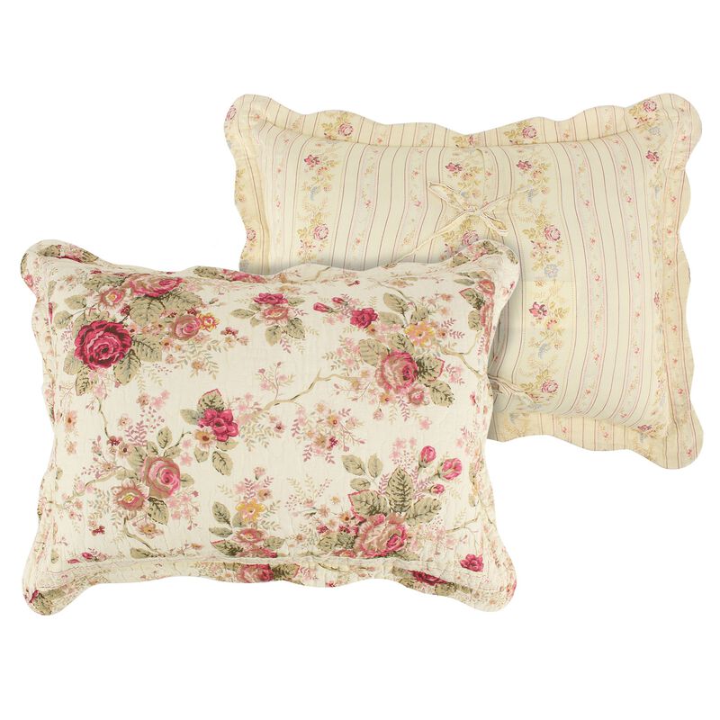 Rosle 3 Piece Queen Bedspread Set, Floral Print, Scalloped, Cream, Pink - Benzara