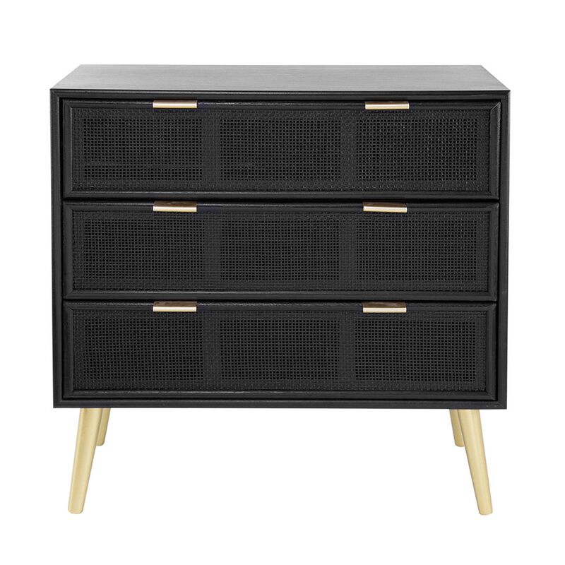 31 Inch Dresser Chest Cabinet, 3 Drawers, Woven Rattan, Modern, Black, Gold-Benzara
