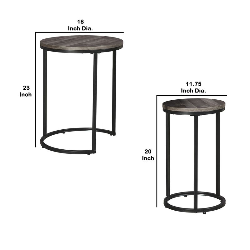 Round Wooden Top Metal Accent Table, Set of 2, Gray and Black-Benzara