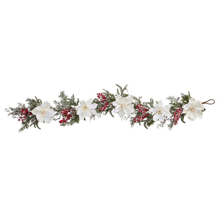 Hivvago 60" Frosted Magnolia & Berry Artificial Garland