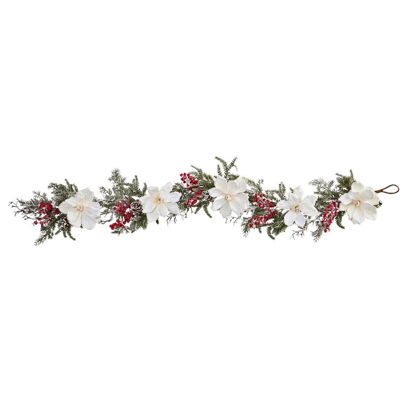 Hivvago 60" Frosted Magnolia & Berry Artificial Garland
