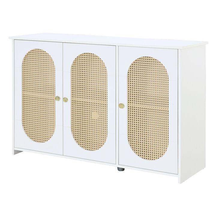 Clihome Retro 3-Door Sideboard with Large Storage Space Artificial Rattan Doors and Metal Handles, Accent Cabinet for Living Room and Hallway (White)