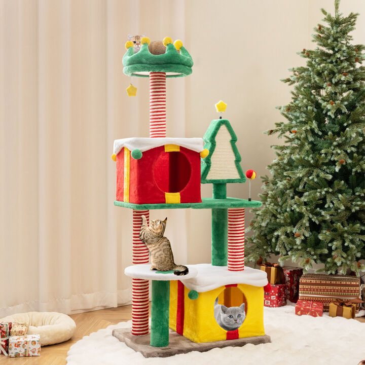 Cute Christmas Cat Tree Cat Tower for Indoor Cats with Scratching Posts and Carpet